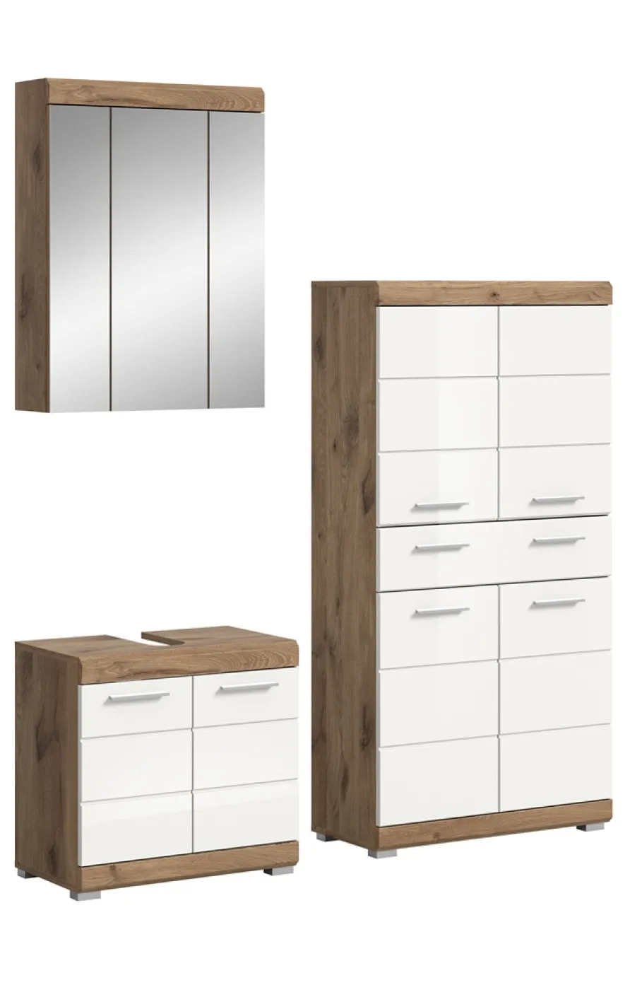 Badezimmer-Set Wave 2 | weiß Hochglanz / Nox Oak | 3-teilig | mit Aufsatzleuchte