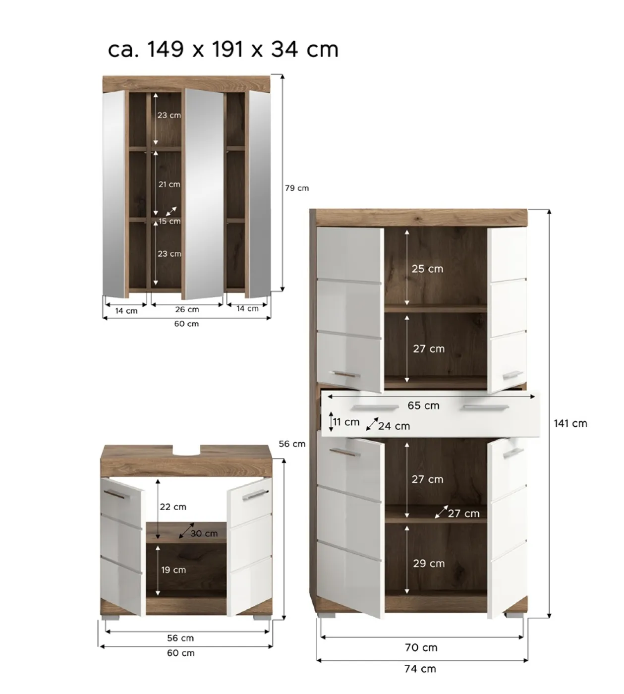 Badezimmer-Set Wave 2 | weiß Hochglanz / Nox Oak | 3-teilig | mit Aufsatzleuchte