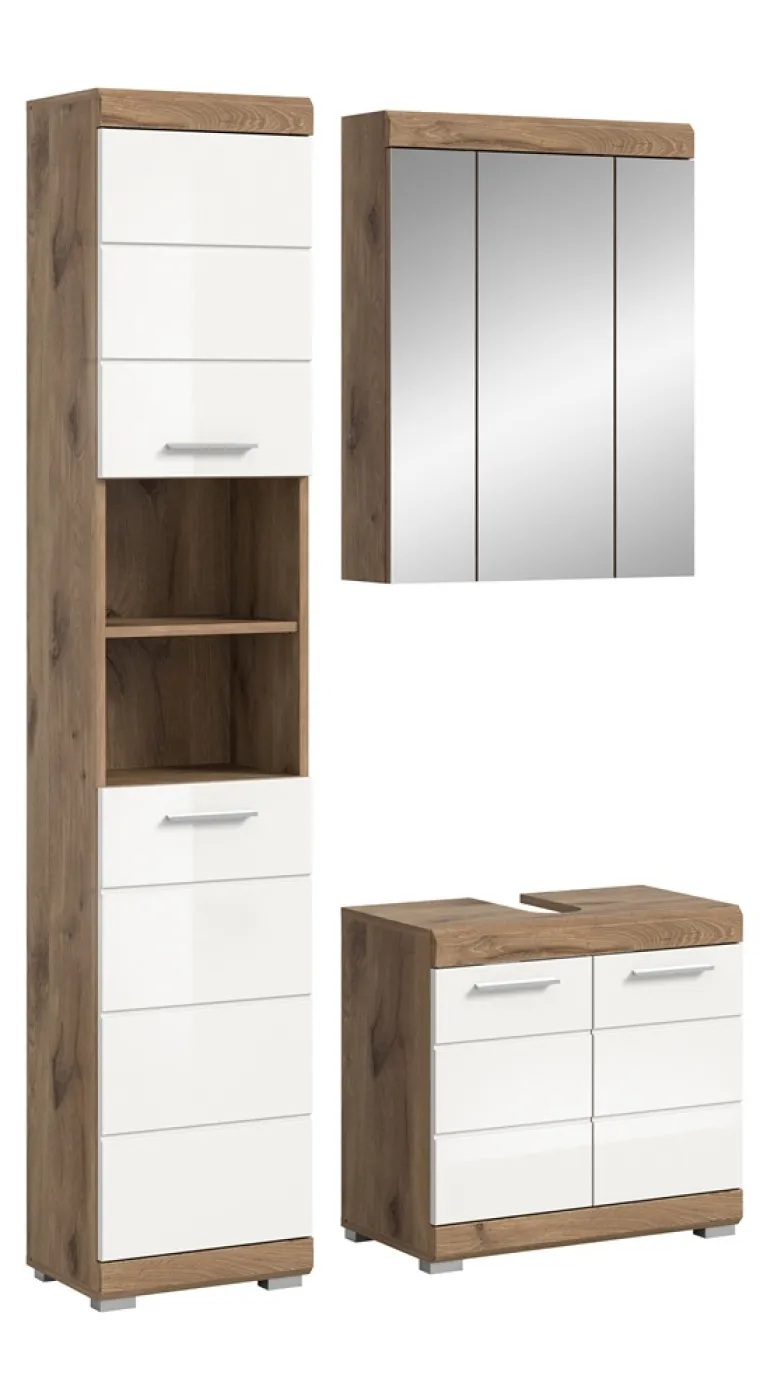 Badezimmer-Set Wave, 3-teilig, im Bad mit Spiegelschrank, Waschtisch-Unterschrank und Hochschrank, teilweise offene Fächer – Ansicht 2