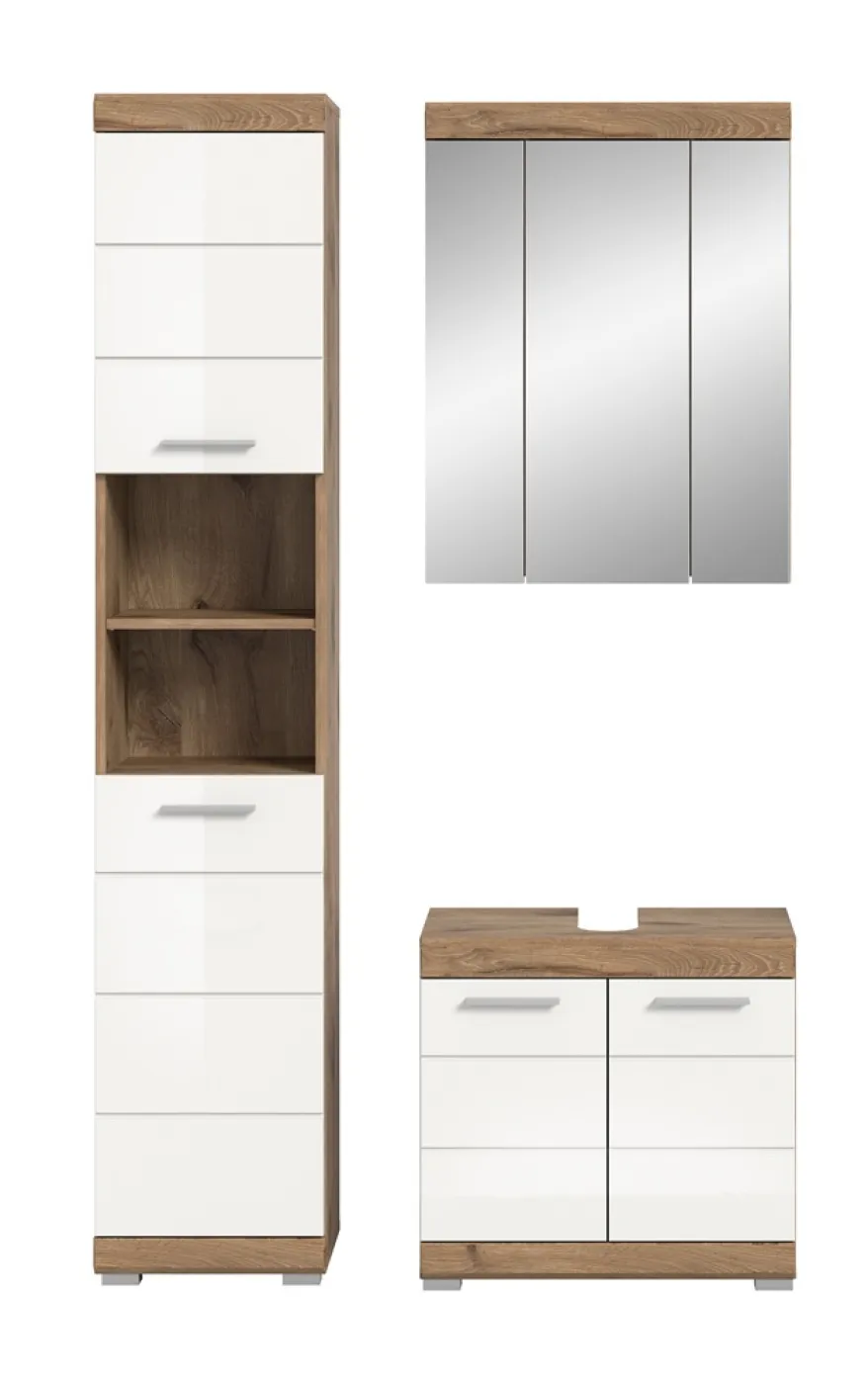 Badezimmer-Set Wave, 3-teilig, im Bad mit Spiegelschrank, Waschtisch-Unterschrank und Hochschrank, teilweise offene Fächer – Ansicht 3