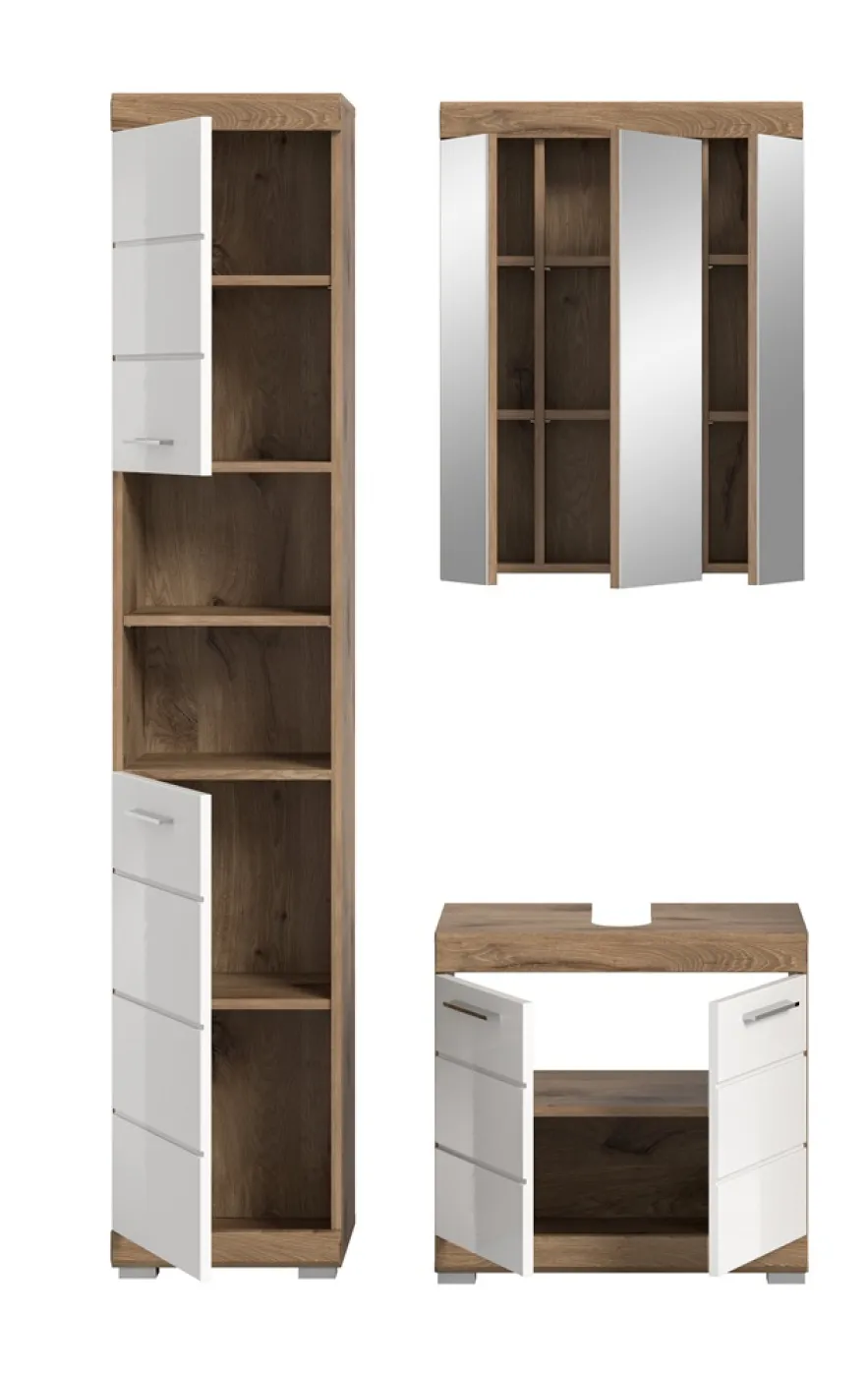Badezimmer-Set Wave, 3-teilig, im Bad mit Spiegelschrank, Waschtisch-Unterschrank und Hochschrank, teilweise offene Fächer – Ansicht 4