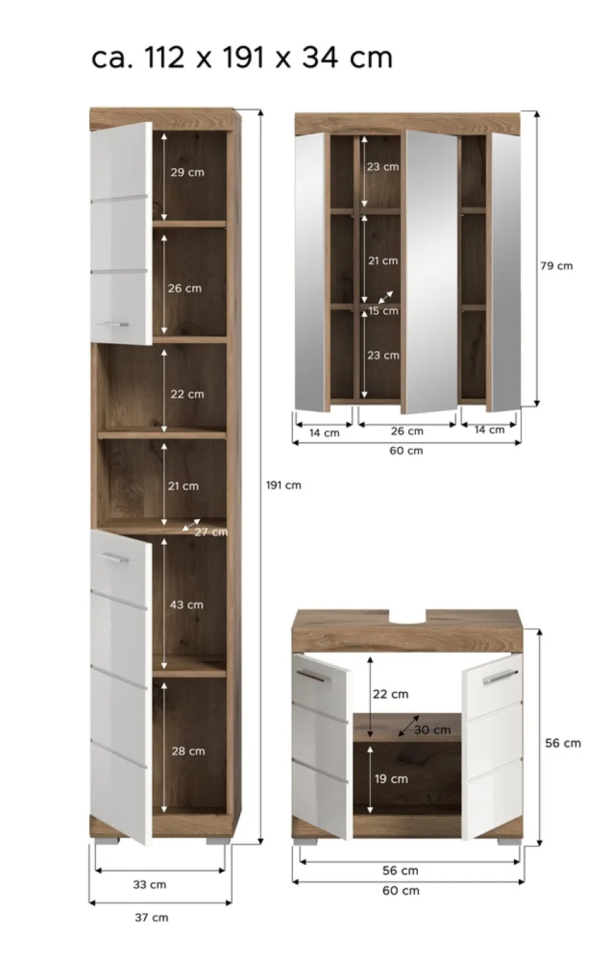 Badezimmer-Set Wave, 3-teilig, im Bad mit Spiegelschrank, Waschtisch-Unterschrank und Hochschrank, teilweise offene Fächer – Ansicht 5
