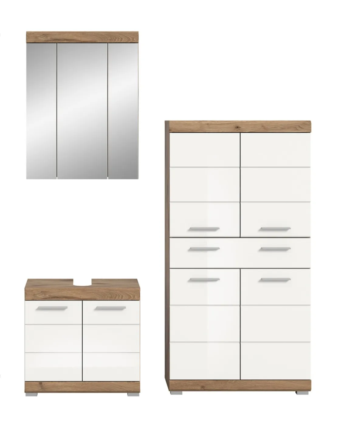 Badezimmer-Set Wave 2 | weiß Hochglanz / Nox Oak | 3-teilig | optional Beleuchtung