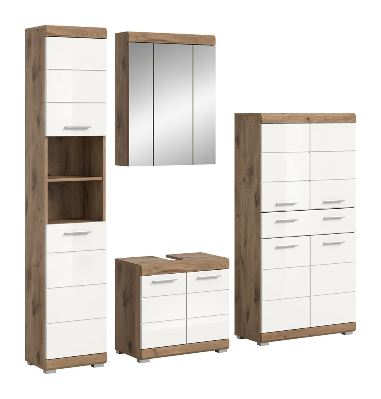 Badezimmer-Set Wave | weiß Hochglanz / Nox Oak | 4-teilig | mit Aufsatzleuchte