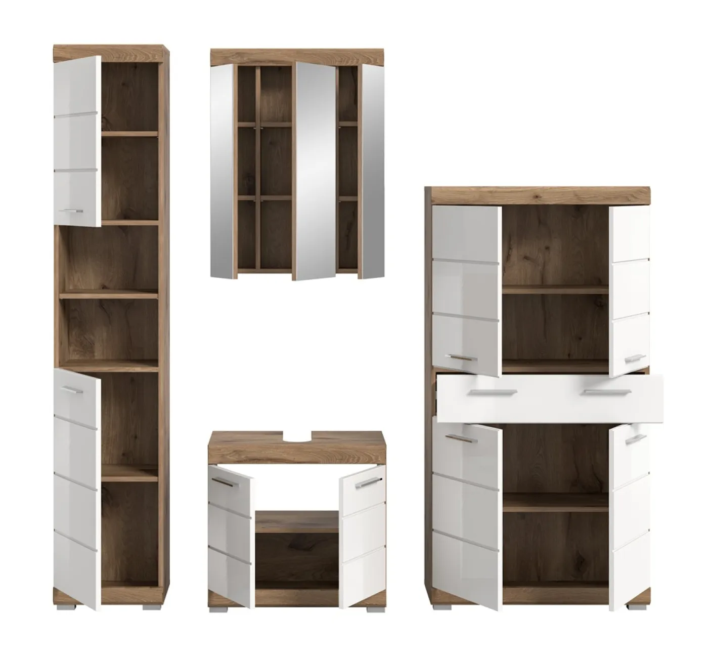 Badezimmer-Set Wave | weiß Hochglanz / Nox Oak | 4-teilig | mit Aufsatzleuchte