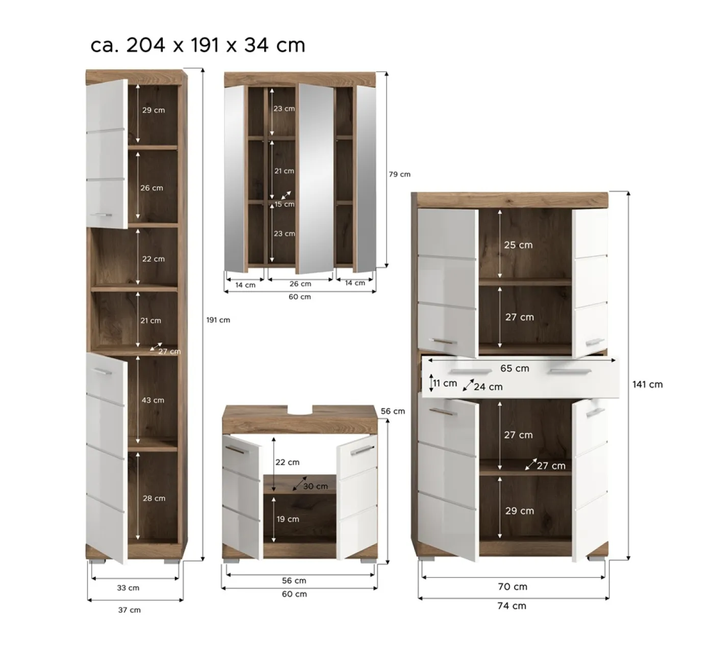 Badezimmer-Set Wave | weiß Hochglanz / Nox Oak | 4-teilig | mit Aufsatzleuchte