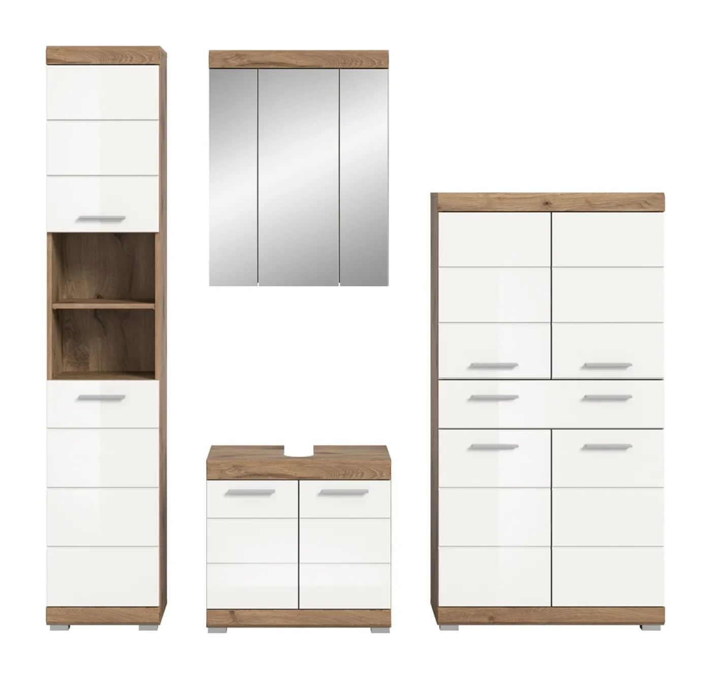 Badezimmer-Set Wave | weiß Hochglanz / Nox Oak | 4-teilig | ohne Aufsatzleuchte