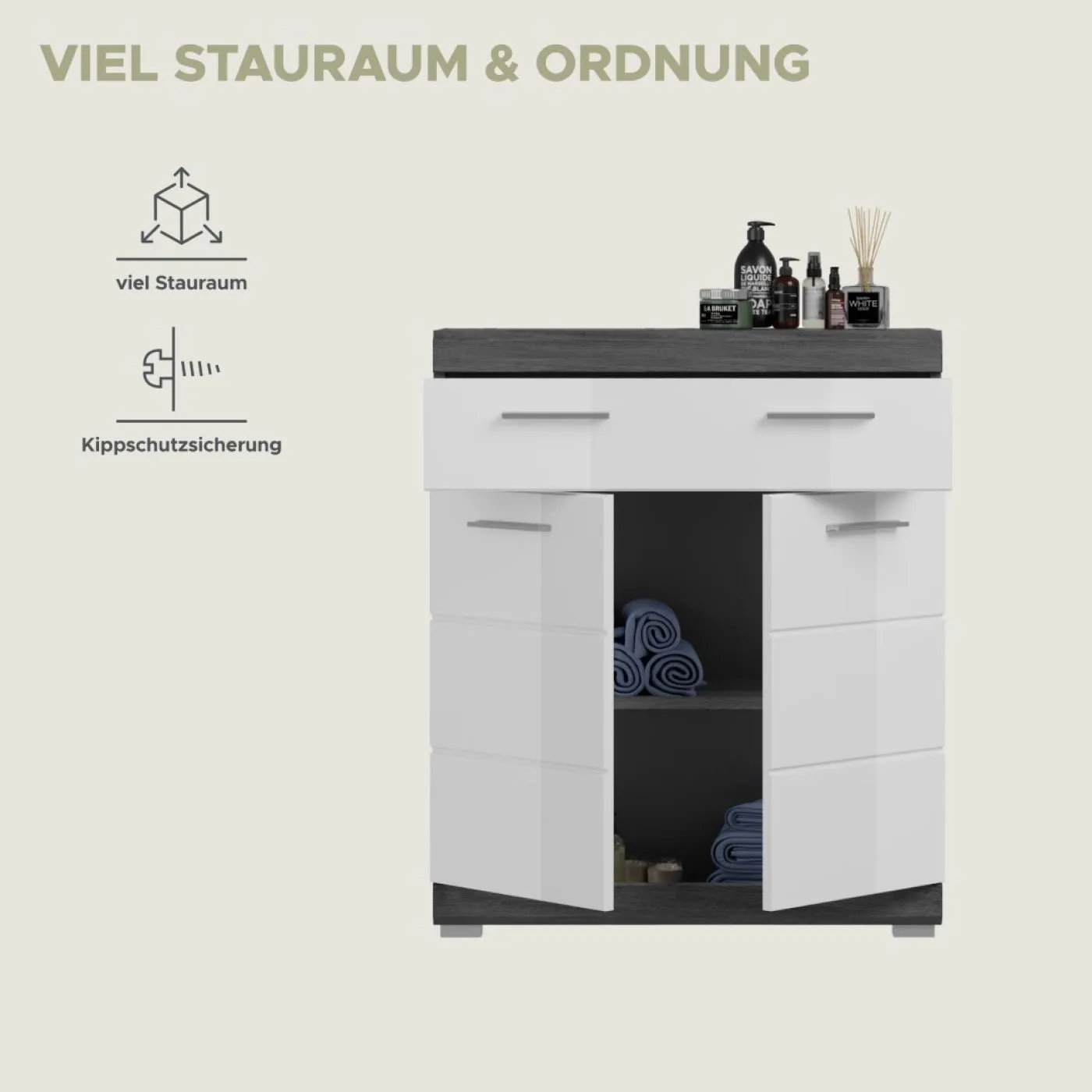 Badezimmerkommode Scout | weiß Hochglanz / rauchsilber