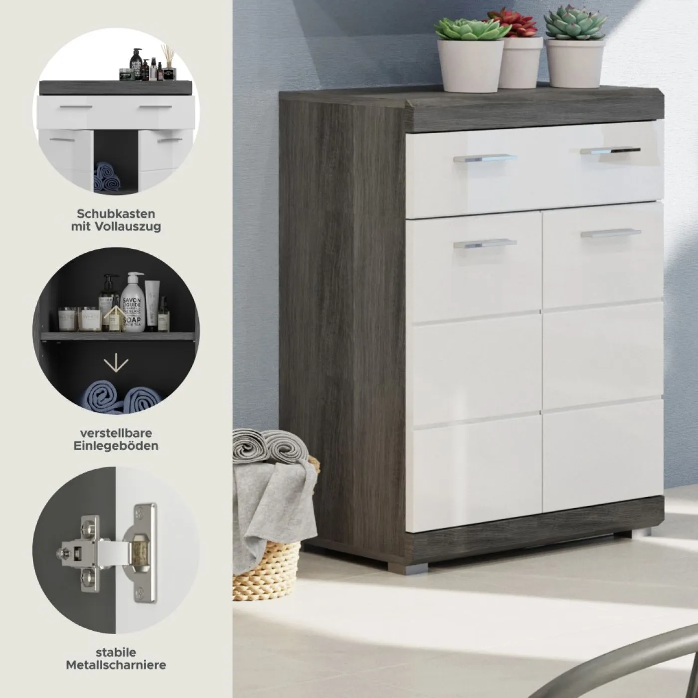 Badezimmerkommode Scout | weiß Hochglanz / rauchsilber