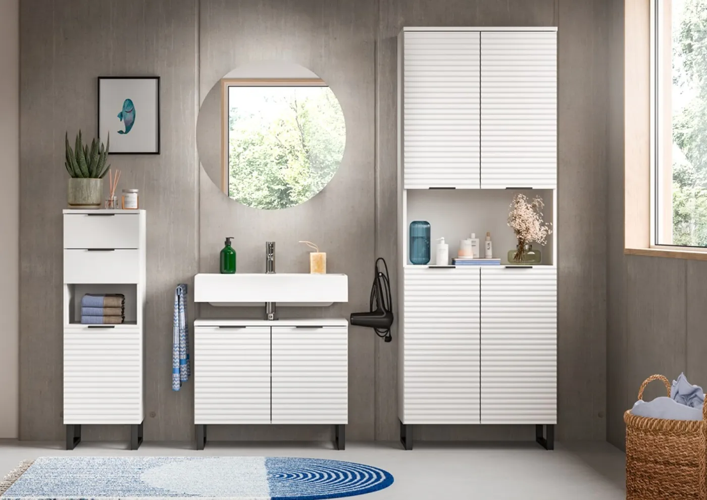 Badezimmerschrank Hochschrank Riff | weiß