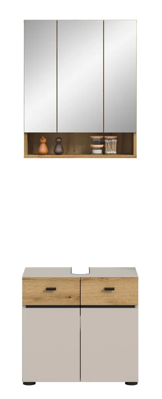 Badkombination Bad Set Aqua | 2-teilig | Kaschmir / Evoke Oak mit Aufsatzleuchte