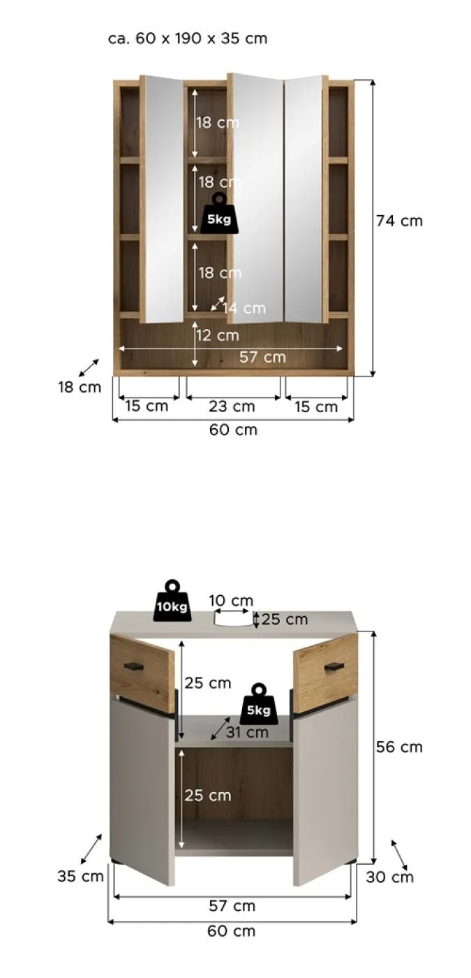 Badkombination Bad Set Aqua | 2-teilig | Kaschmir / Evoke Oak mit Aufsatzleuchte