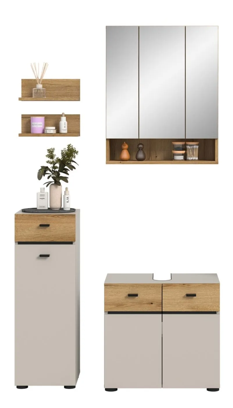 Badkombination Bad Set Aqua | 4-teilig | Kaschmir / Evoke Oak mit Aufsatzleuchte