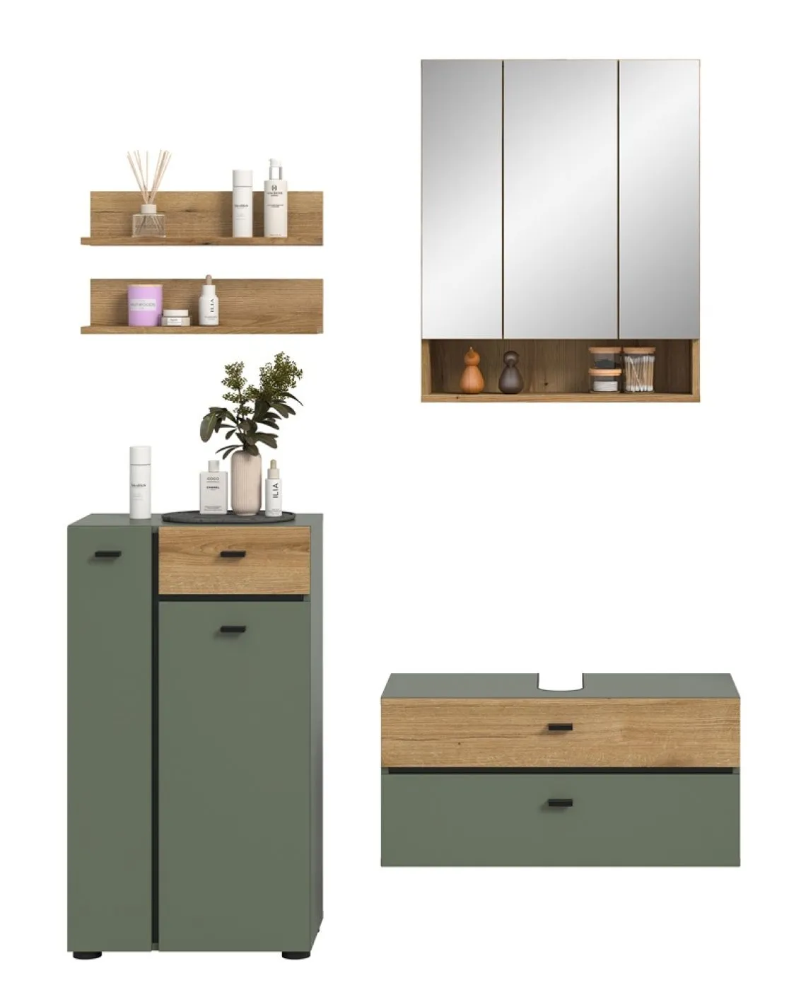 Badkombination Bad Set Aqua | 4-teilig | Sage Green / Evoke Oak mit Aufsatzleuchte