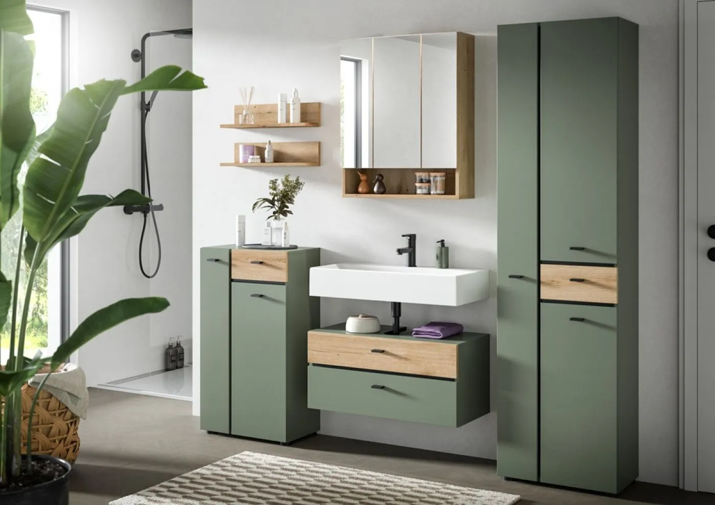 Badkombination Bad Set Aqua | 4-teilig | Sage Green / Evoke Oak mit Aufsatzleuchte