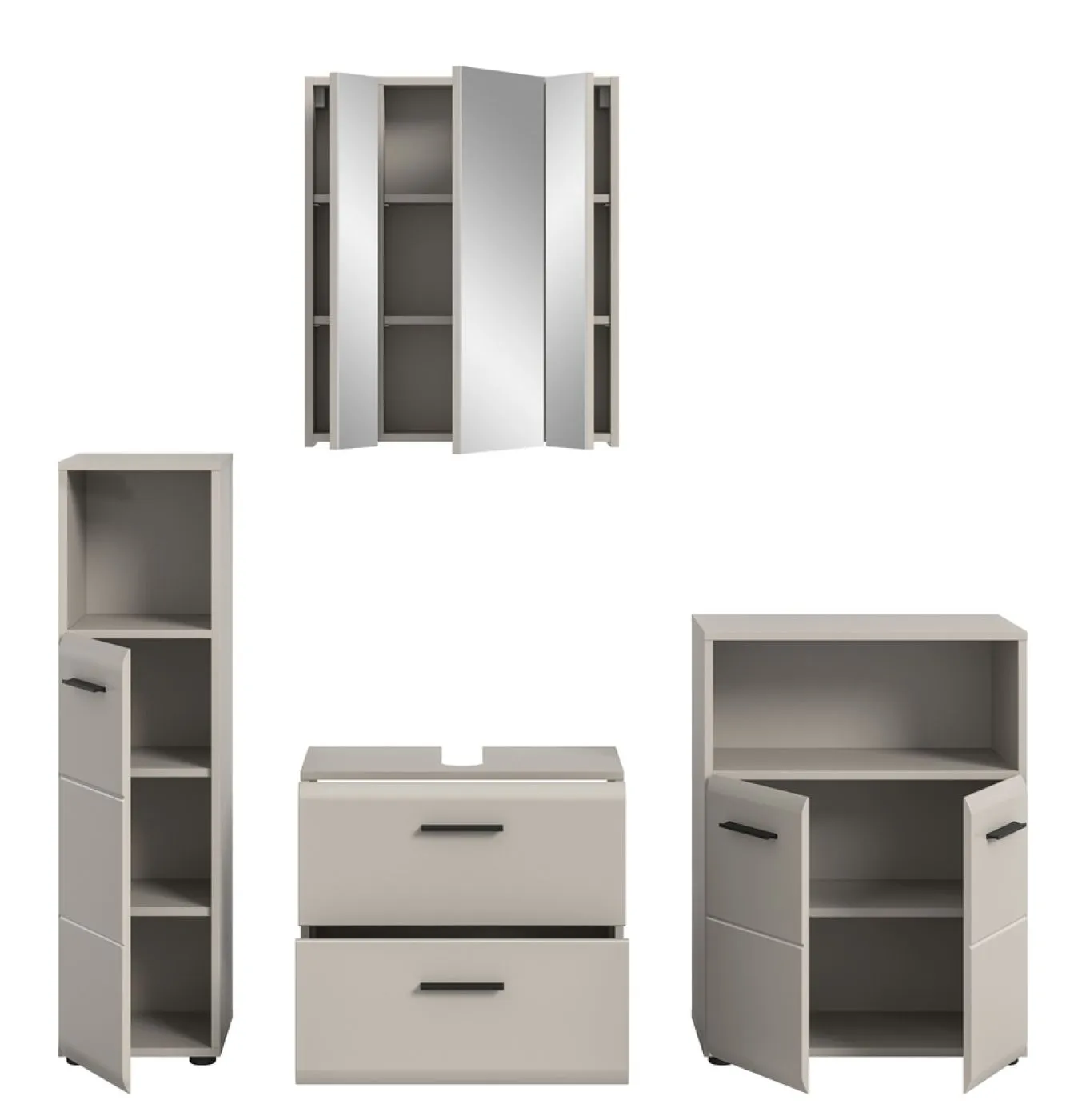 Badkombination Bad Set Ice 8, 4-teilig, im Bad mit Spiegelschrank, Waschtisch mit Unterschrank, Hochschrank und Seitenschrank – Ansicht 4