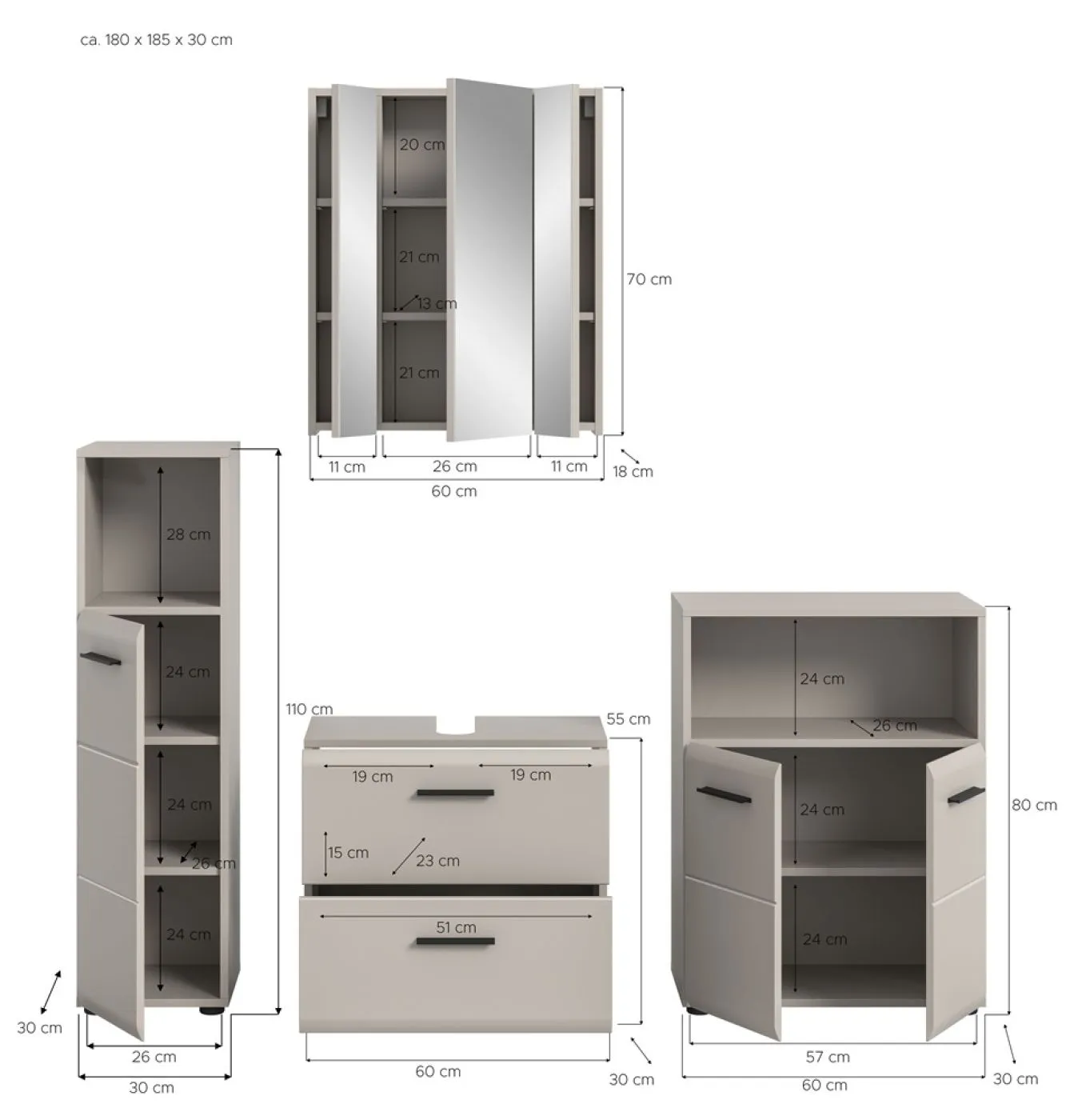 Badkombination Bad Set Ice 8, 4-teilig, im Bad mit Spiegelschrank, Waschtisch mit Unterschrank, Hochschrank und Seitenschrank – Ansicht 5