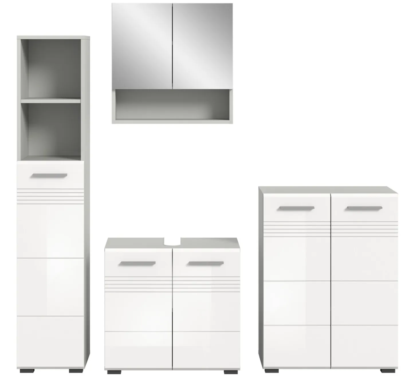 Badkombination Copa | 4-teilig | grau / weiß Hochglanz mit Aufsatzleuchte