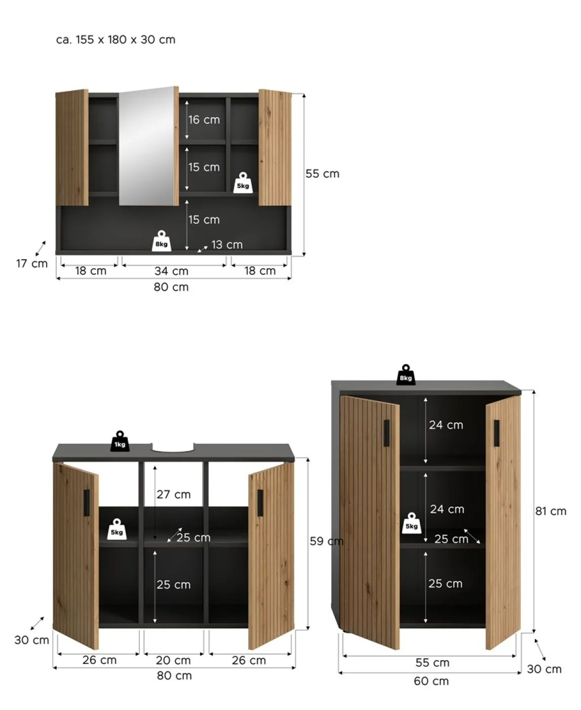 Badkombination Mone 1 | 3-teilig | Basalt grau / Artisan Oak ohne Aufsatzleuchte