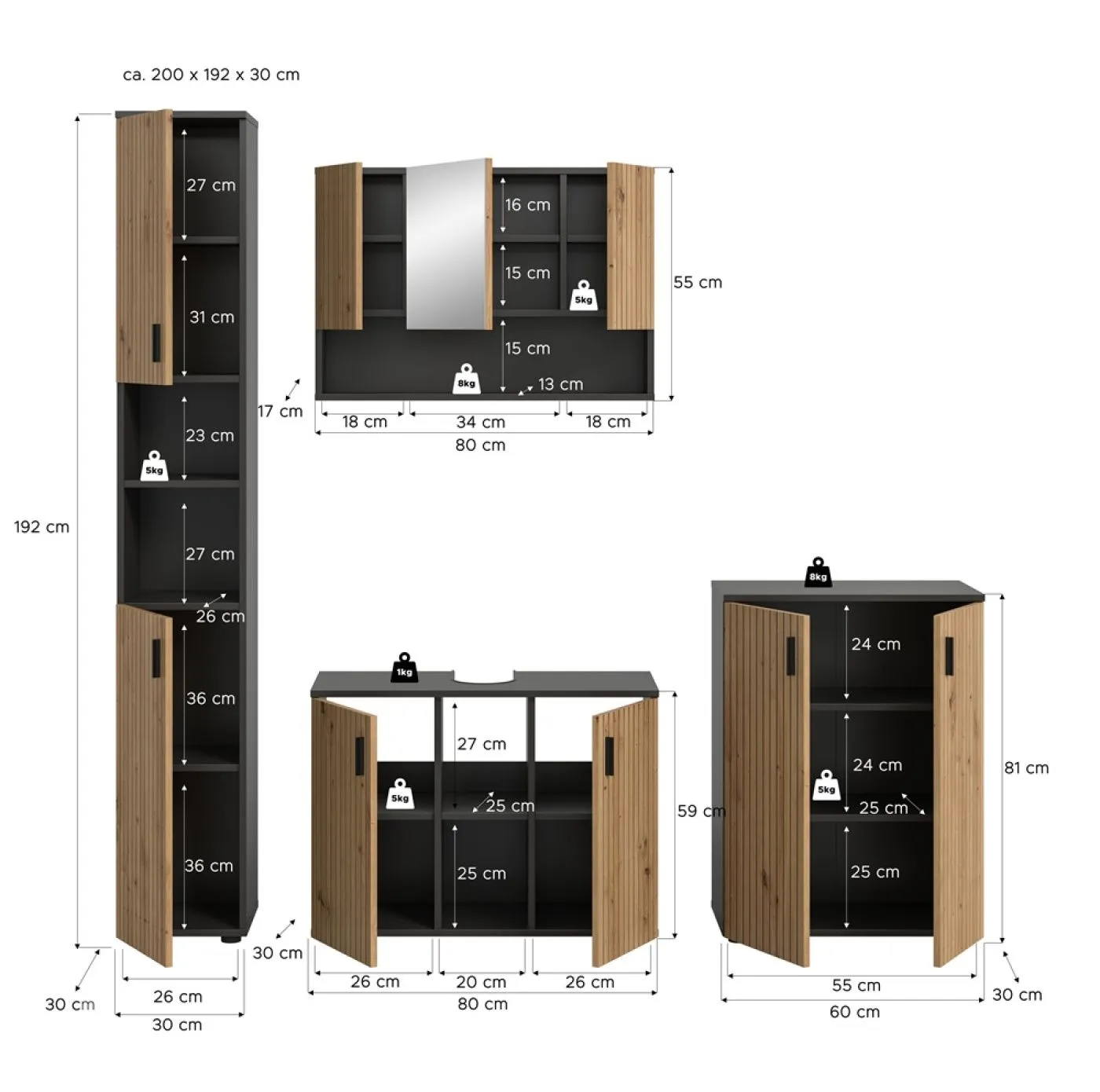 Badkombination Mone | 4-teilig | Basalt grau / Artisan Oak mit Aufsatzleuchte