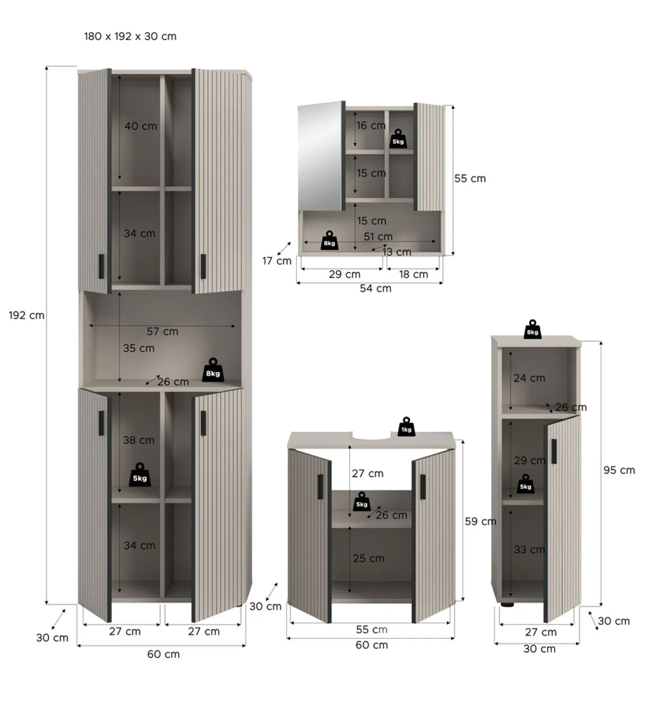Badkombination Mone | 4-teilig | Kaschmir mit Aufsatzleuchte
