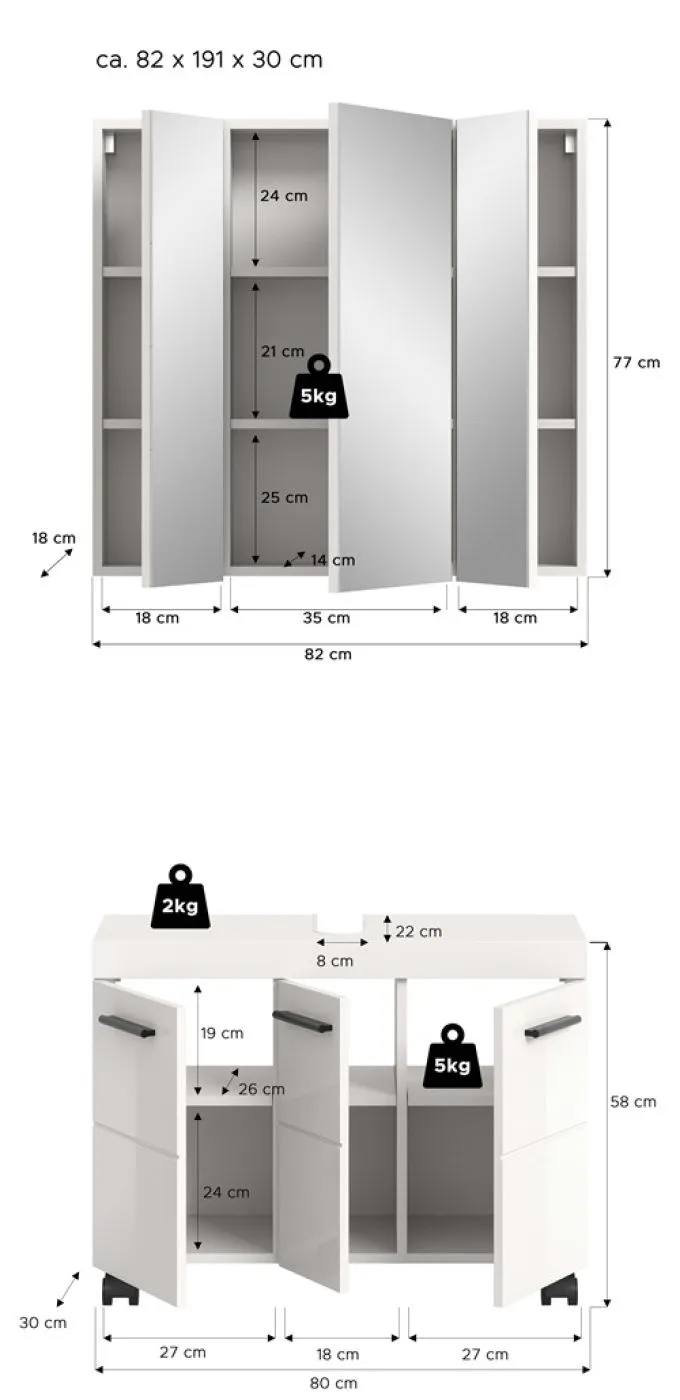 Badkombination Nova 2 | 2-teilig | weiß Hochglanz mit Aufsatzleuchte