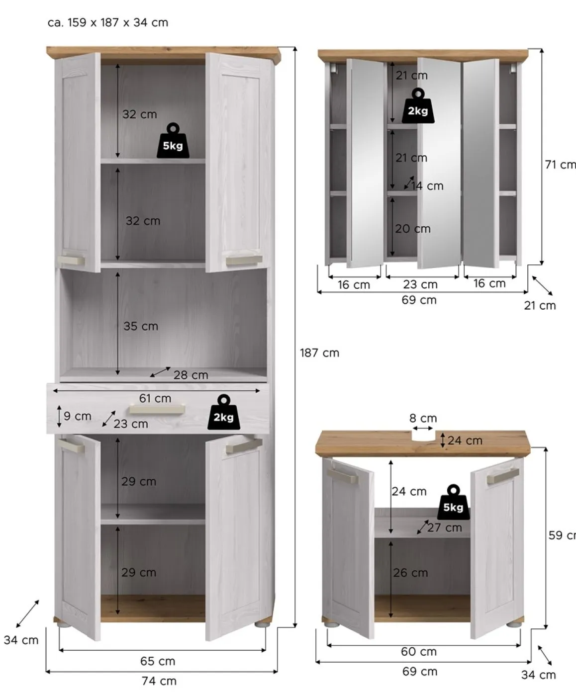 Badkombination Verona 1 | 3-teilig | Sibiu Larche / Artisan Eiche ohne