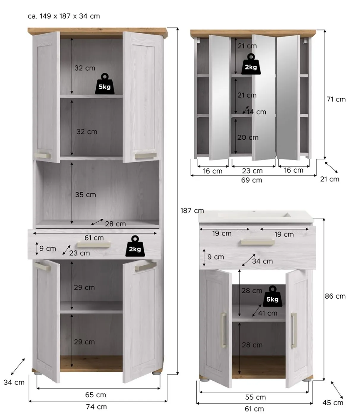 Badkombination Verona 2 ink. Waschbecken | 3-teilig | Sibiu Larche / Artisan Eiche mit Aufsatzleuchte