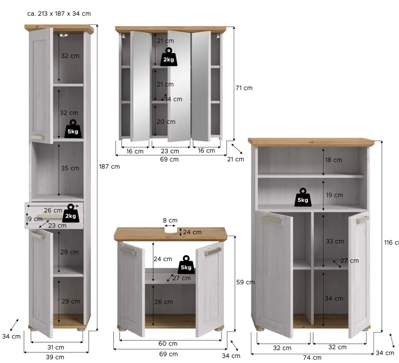 Badkombination Verona | 4-teilig | Sibiu Lärche / Artisan Eiche ohne