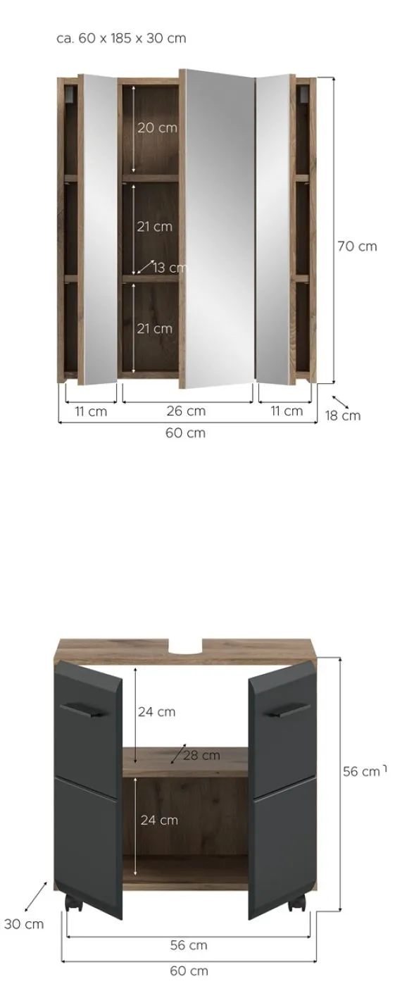 Badmöbel Ice auf Rollen | 2-teilig | Nox Oak / schwarz ohne