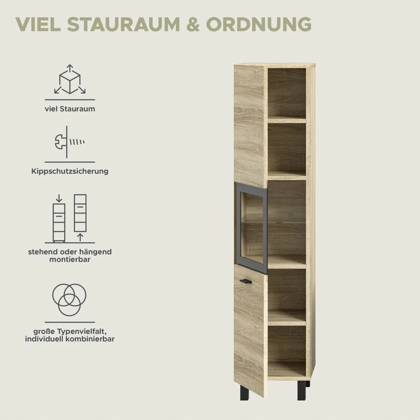 Badschrank Boston | mit Glastür | Eiche Sonoma