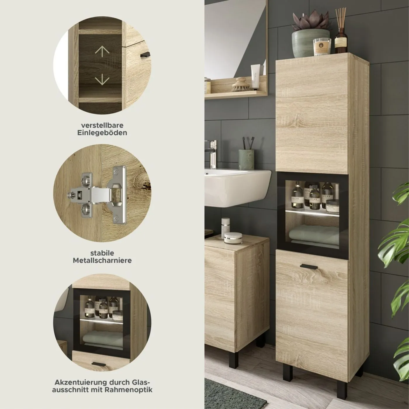 Badschrank Boston | mit Glastür | Eiche Sonoma