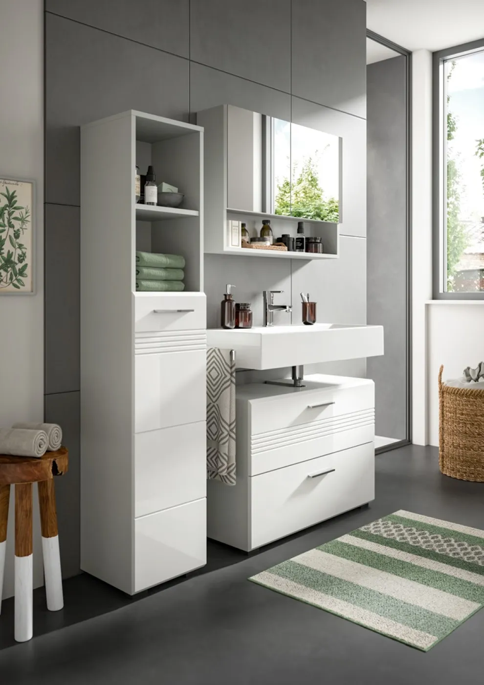 Badschrank Hochschrank Copa | hellgrau / weiß hochglanz