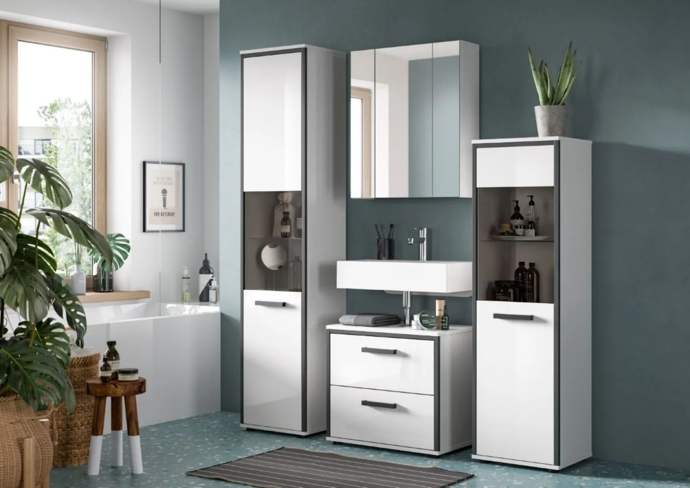 Badschrank Kojak | weiß / weiß Hochglanz | mit Beleuchtung