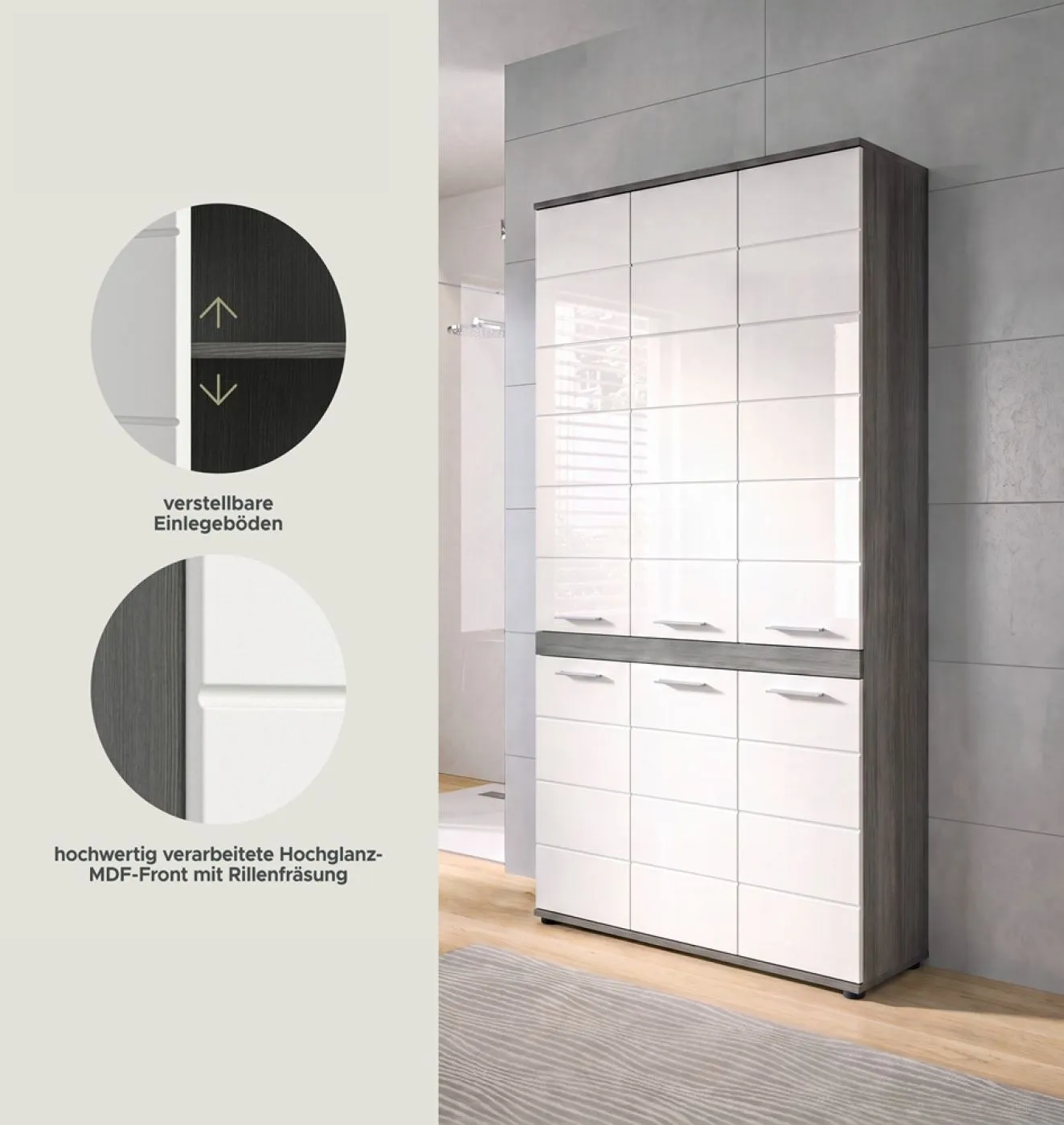 Badschrank Schrank Blake | weiß Hochglanz / Rauchsilber