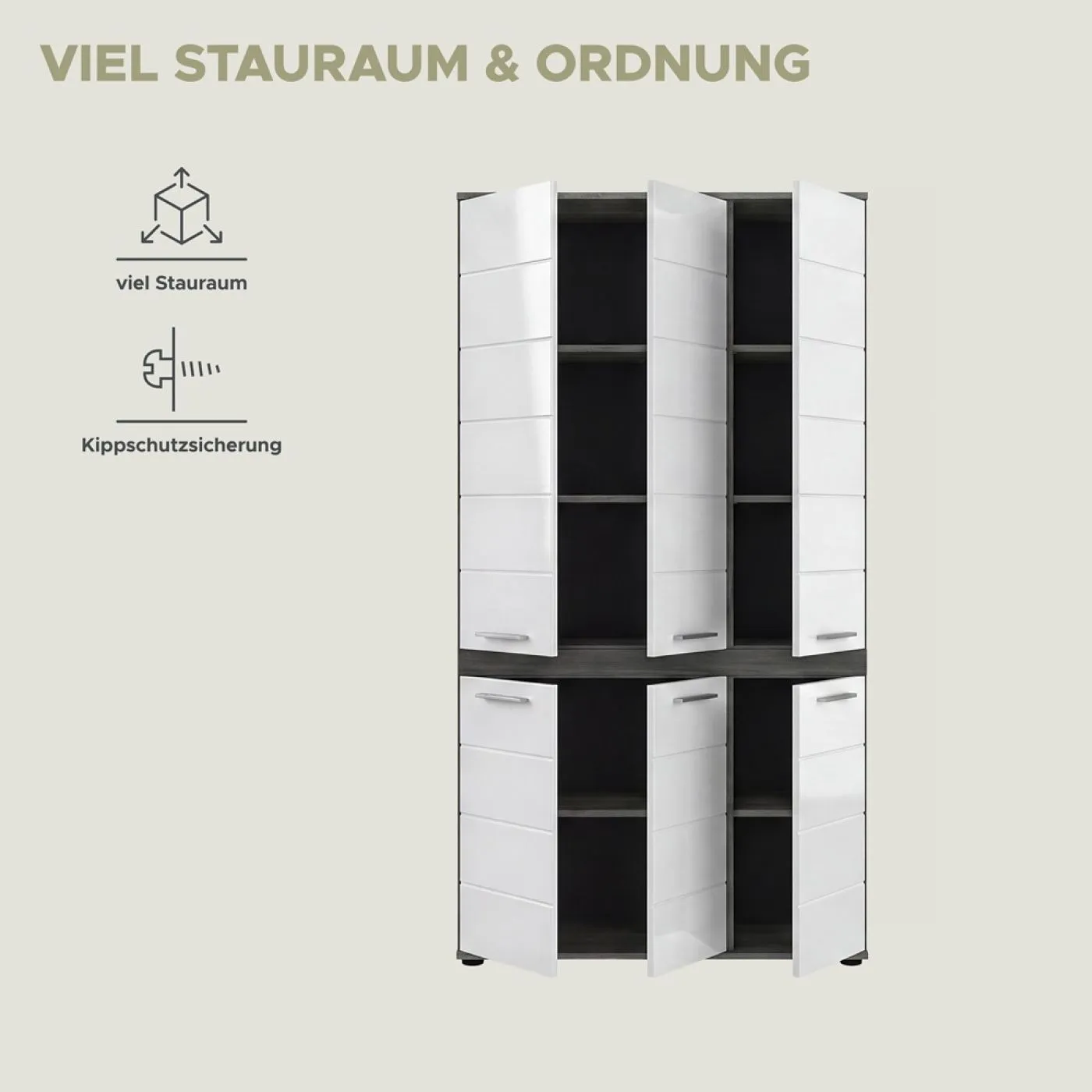 Badschrank Schrank Blake | weiß Hochglanz / Rauchsilber