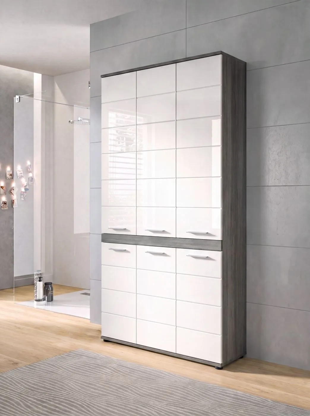 Badschrank Schrank Blake | weiß Hochglanz / Rauchsilber