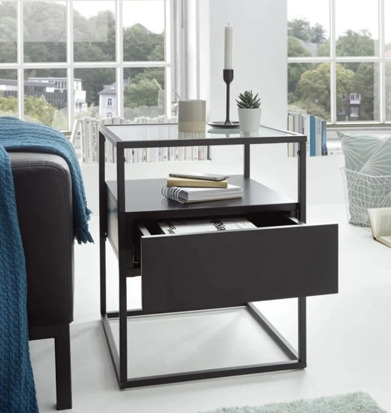 Beistelltisch Evora mit Glasplatte | 43x43 | schwarz