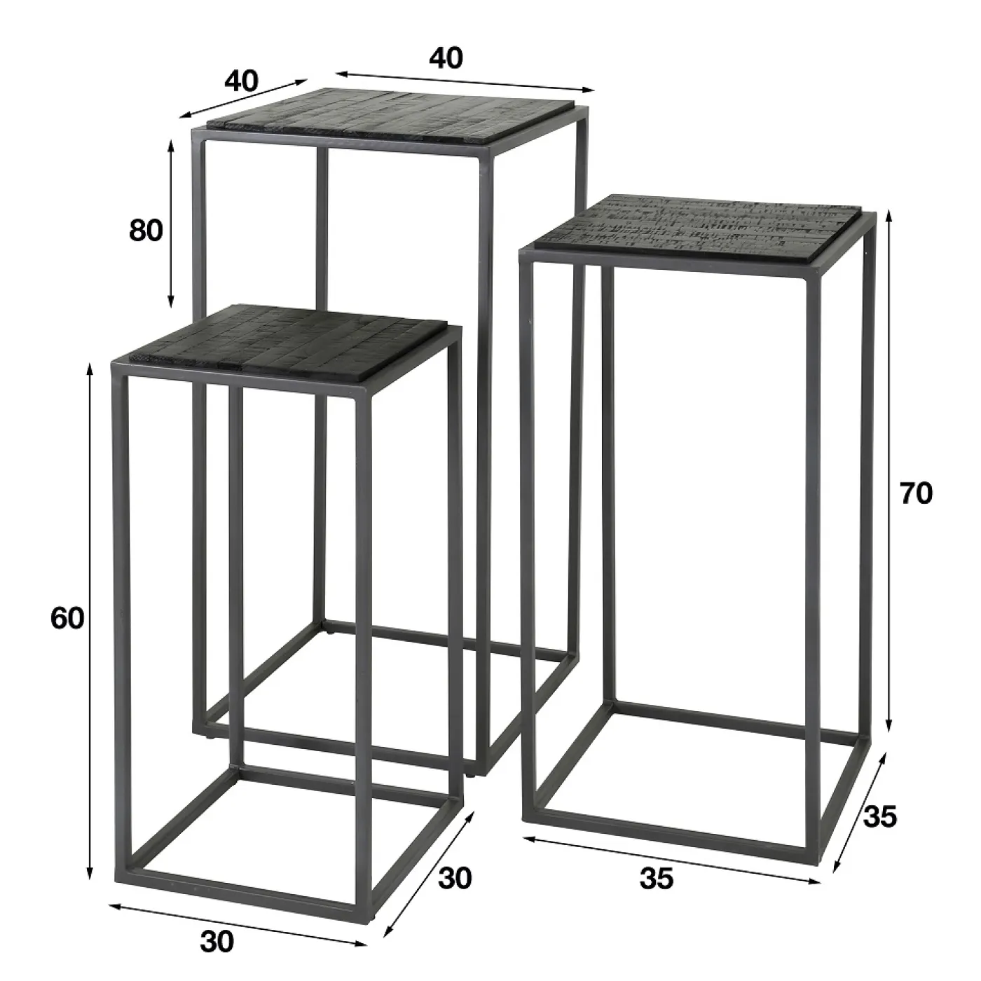 Blumentisch Set Ninaka | 3-teilig | Teakholz | 60/70/80 cm hoch | schwarz