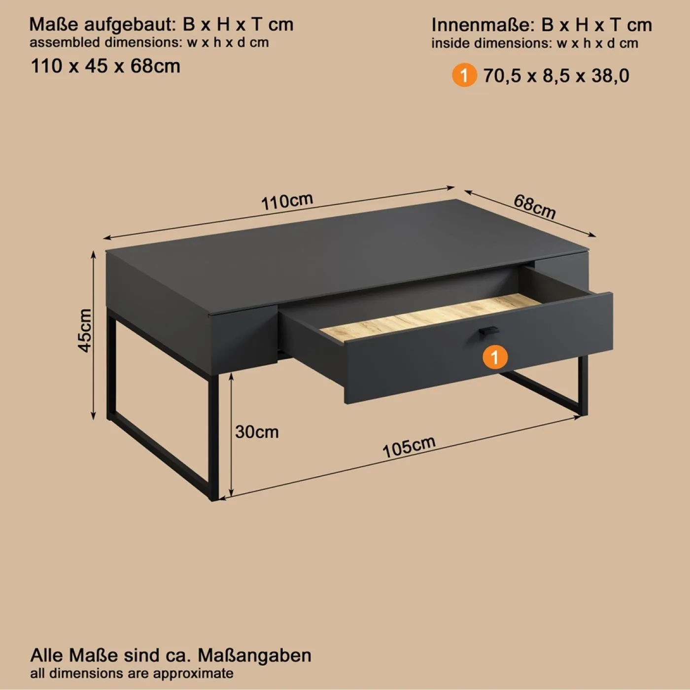 Couchtisch Bellugi, Anthrazit Dekor – Ansicht 4