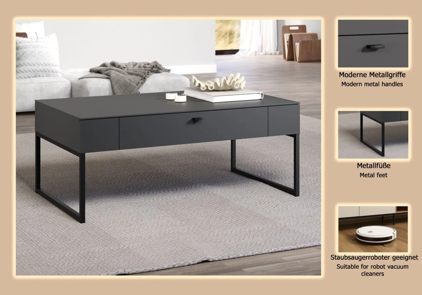 Couchtisch Bellugi, Anthrazit Dekor – Ansicht 5