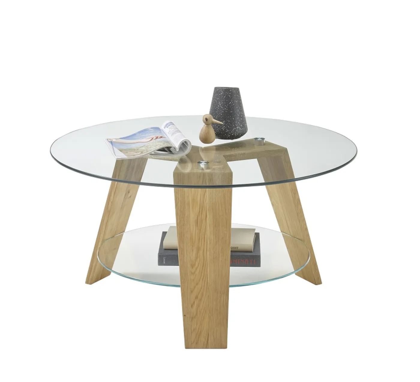 Couchtisch Lublin rund mit Glasplatte | Ø75 | Eiche massiv | Eichefarben