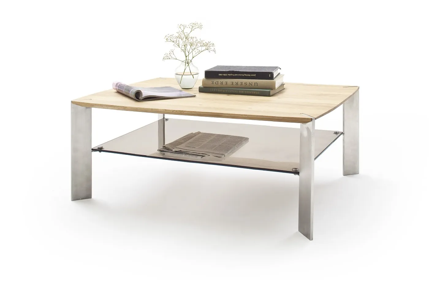 Couchtisch Nelia | Asteiche massiv | mit Glasablage | 120x70 | Eiche