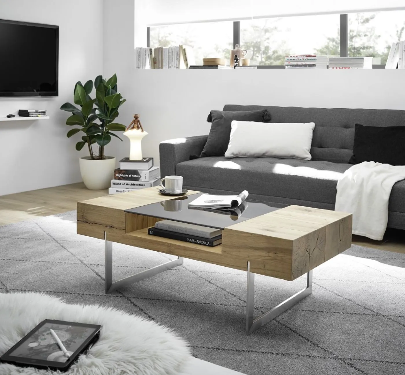 Couchtisch Rewa | Asteiche | mit Glasplatte | 110x60 | Eichefarben / grau