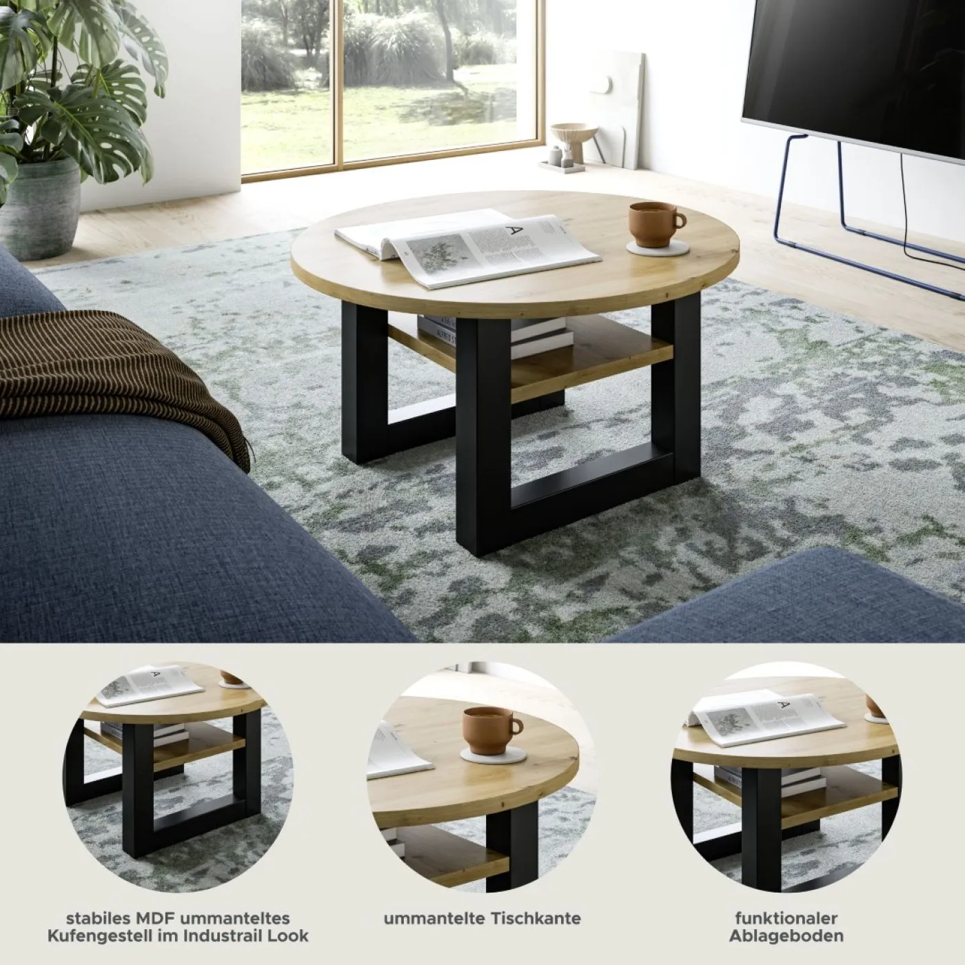 Couchtisch Seattle | rund | Ø75 | Artisan Eiche / grau