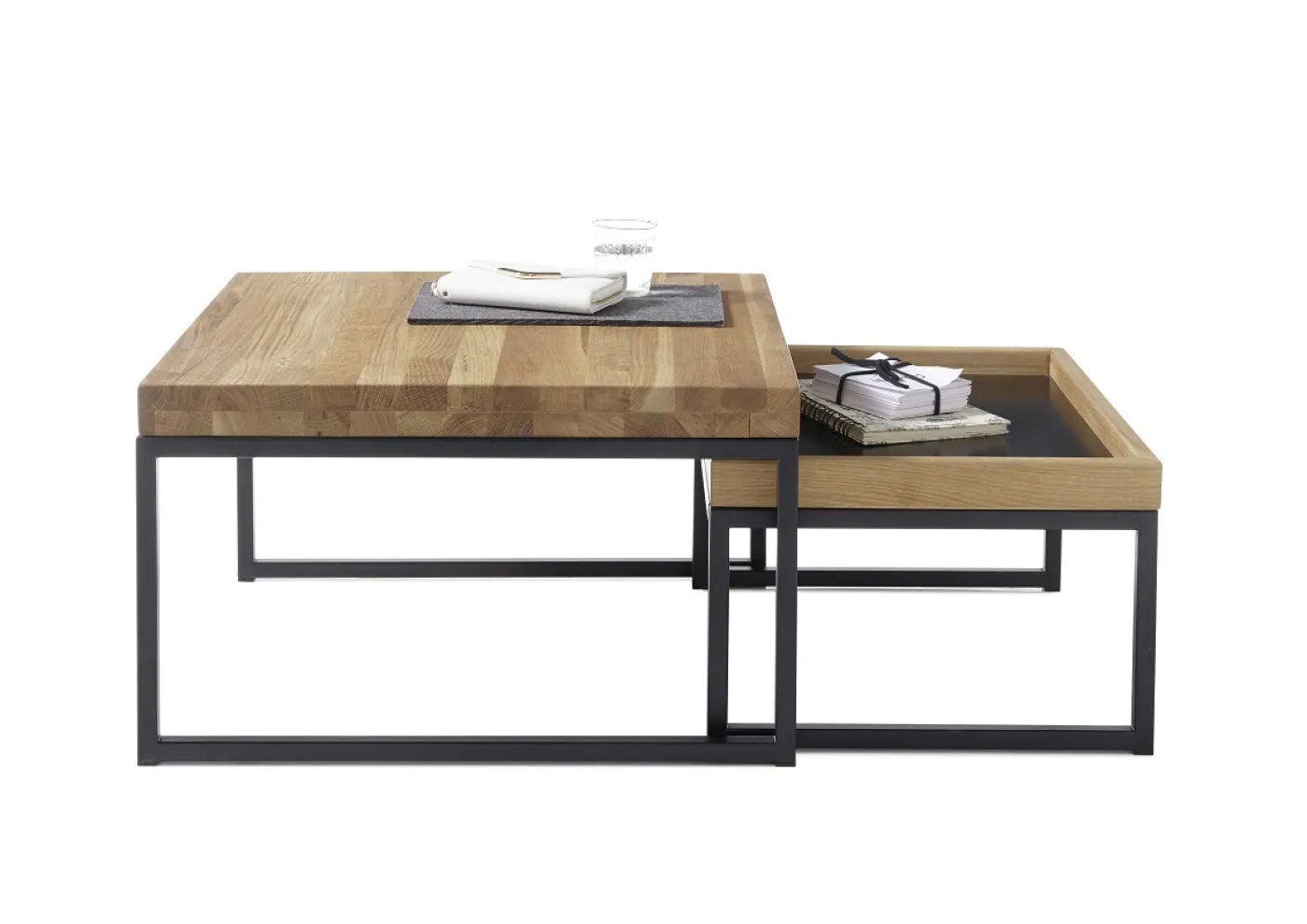 Couchtisch Set Lubao | 2-teilig | Eiche massiv | 57/65 | Eichefarben / schwarz