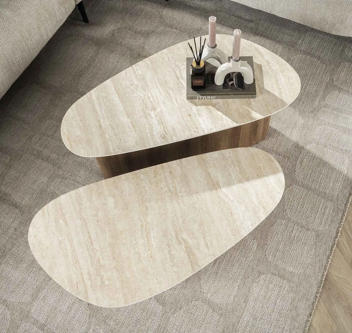 Couchtisch Set Lunge 2 | 2-teilig | Keramik Travertin | Naturfarben