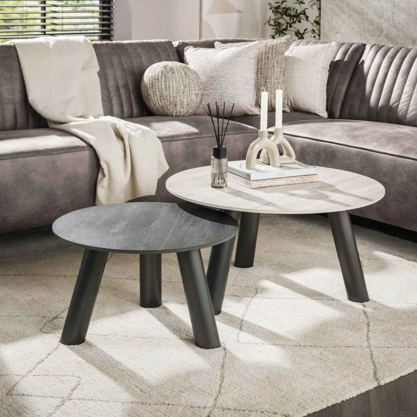 Couchtisch Set Tupi | 2-teilig | rund | Keramik Travertin