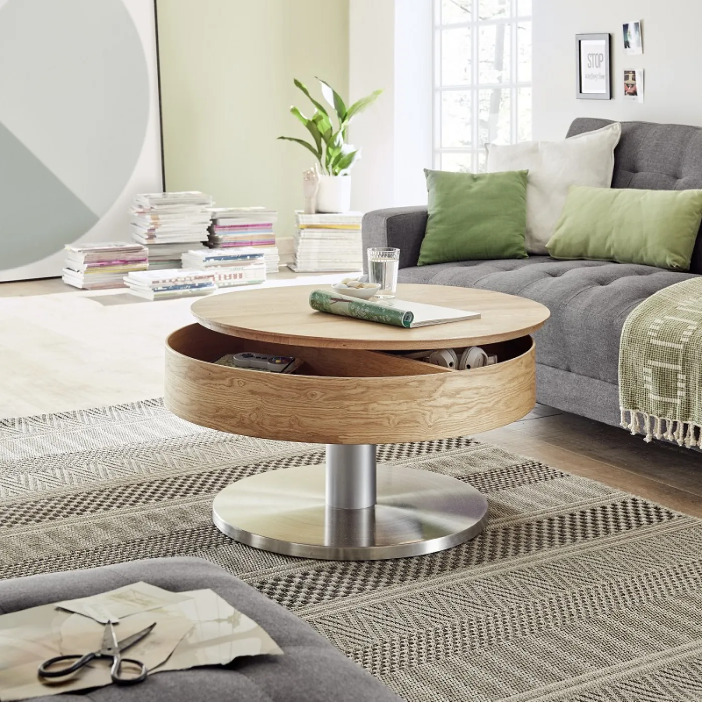 Couchtisch Suva | rund | Ø79 | Asteiche | drehbare Tischplatte | auf Rollen