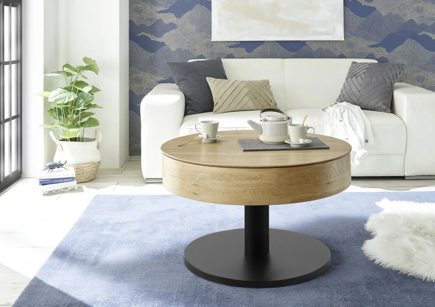 Couchtisch Tanger mit Lift | rund | Ø75 | Asteiche / schwarz | auf Rollen